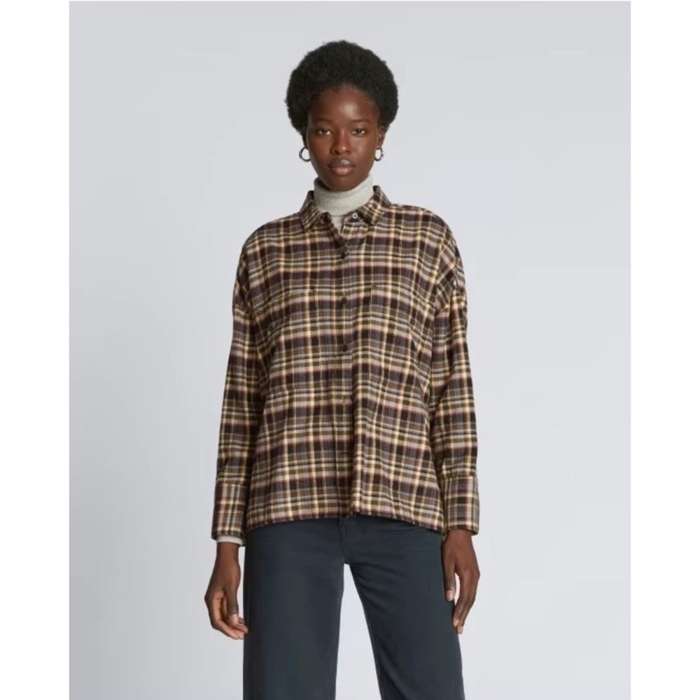 Everlane NWT Flannel Boxy Shirt Small Brown Black Plaid Button Up Womens Top